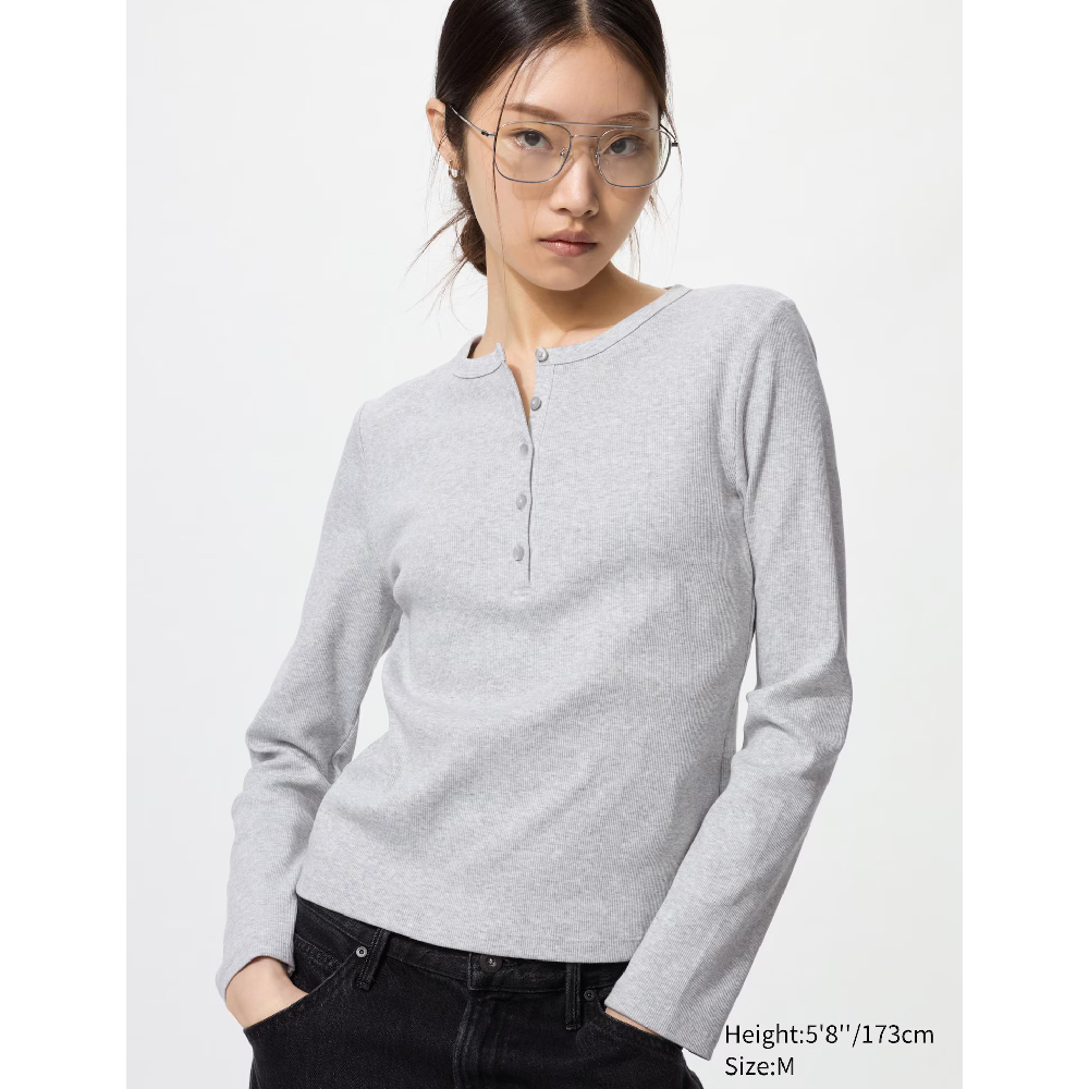 Лонгслив Uniqlo Ribbed Henley (Light Gray)